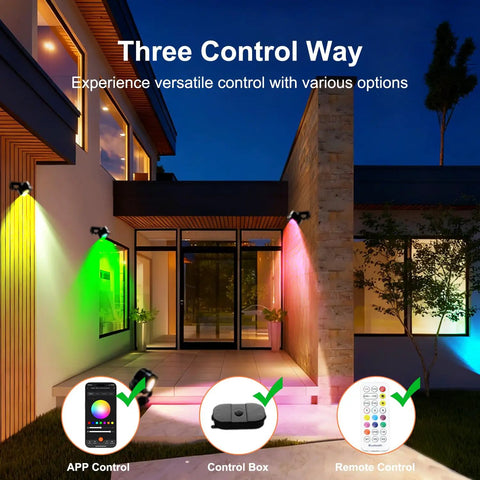 8 Pack Smart RGBW Outdoor Landscape Lights with IP65 Waterproof illuminating house exterior in three colors