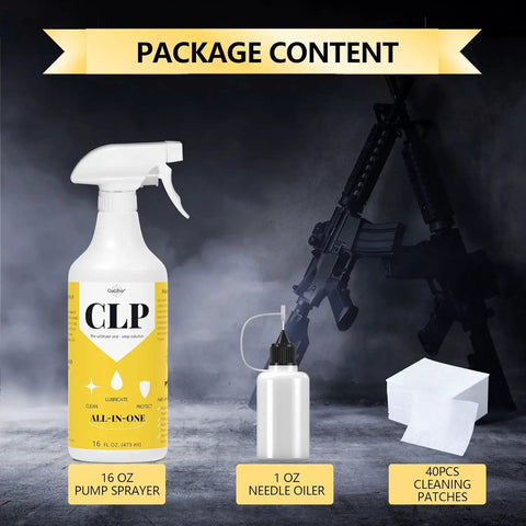 3-In-1 Gun Oil CLP Kit With 16 Oz Mist Spray And 1 Oz Needle Oiler, Odorless Safe Lubricant Cleaner That Polishes, Protects Against Wear, Reduces Friction, And Keeps Your Gear Ready For Range Day. 16 oz spray, 1 oz oiler, 40 patches