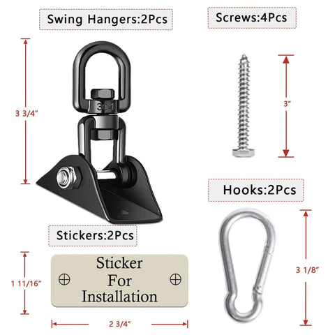 Image showing Beefy Heavy Duty Swing Hangers for Wooden Sets 360 Swivel Stainless Steel Hardware 1000 Pound Capacity components with dimensions.