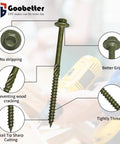 Eight Inch Structural Lag Wood Screws Number Fourteen Size Heavy Duty Timber Fasteners Green Rust Proof Coating with hex drive details.