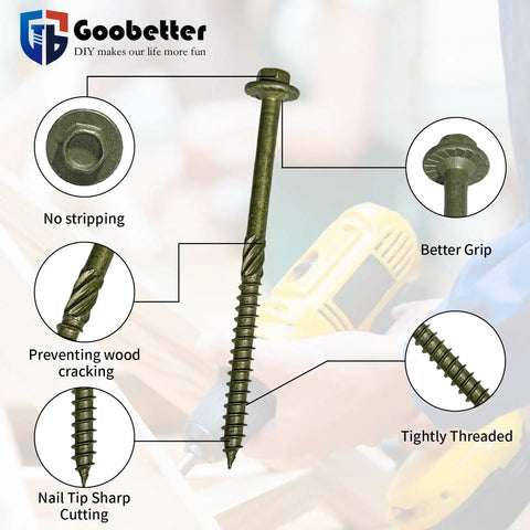 Eight Inch Structural Lag Wood Screws Number Fourteen Size Heavy Duty Timber Fasteners Green Rust Proof Coating with hex drive details.