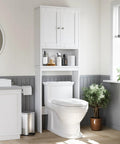 Over The Toilet Storage Cabinet With Adjustable Shelf And Anti Tip Base Freestanding Bathroom Rack Quick Install Space Saver White Cabinet in modern bathroom.