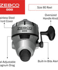 Front view of 888 Spincast Fishing Reel With Bite Alert, Size 80, featuring stainless steel front cover and oversized handle knob.