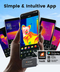 Thermal Camera For Android Smartphones With 512x384 TISR Resolution And 40mK Sensitivity 25Hz Frame Rate Ideal For Home And Automotive Leak Detection Electrical Faults And Temperature Accuracy displayed in app.