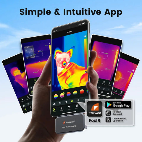 Thermal Camera For Android Smartphones With 512x384 TISR Resolution And 40mK Sensitivity 25Hz Frame Rate Ideal For Home And Automotive Leak Detection Electrical Faults And Temperature Accuracy displayed in app.