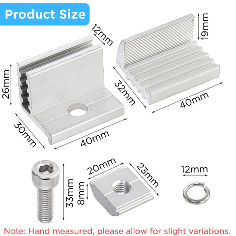 10 Pack Adjustable 35-50mm Solar Panel End Clamp Mounting Brackets In Anodized Aluminum Z Bracket Kit with dimensions and hardware shown