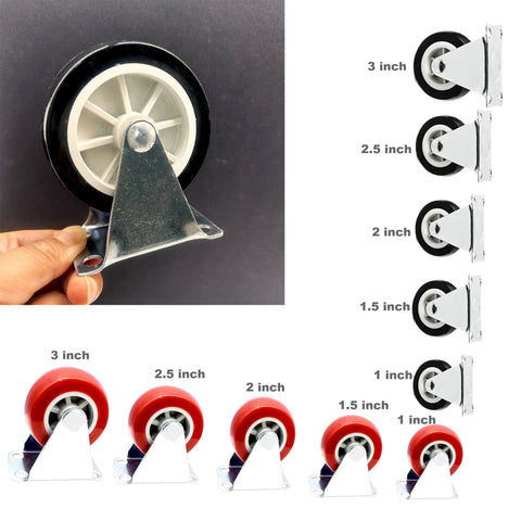 Comparison chart of caster wheels in various sizes, including 2.5 Inch Rigid Plate Caster Wheels Hard Rubber Non-Swivel For Furniture And Workbenches, 6 Pack With Screws, Black Finish, Durable Steel Plate 1.8mm Thick, Plate Size 2.76x1.77 Inch, Ideal For Heavy Furniture And DIY Projects.