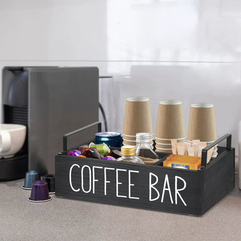 Farmhouse Style Wooden Coffee Station Organizer for Countertop with Handle, Four-Compartment Coffee Bar Accessories Holder