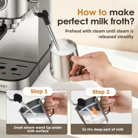 Top Tier 20 Bar Espresso Machine With Built In Milk Frother And Sleek Stainless Steel Build, compact coffee maker steaming milk in stainless pitcher.