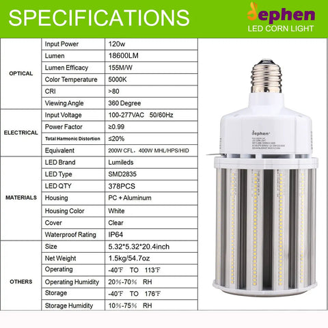 120W LED Corn Bulb E39 Mogul Base Ultra Bright Energy Saving 18600 Lumens 5000K White Corn Cob Light specification sheet