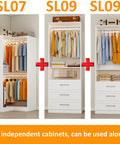 Game-Changing Modular Closet System With 6 Wooden Drawers And Corner Config, Heavy-Duty Walk-In Wardrobe Organizer With 7 Hanging Rods showcasing three cabinet designs with clothes.