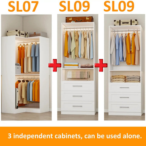 Game-Changing Modular Closet System With 6 Wooden Drawers And Corner Config, Heavy-Duty Walk-In Wardrobe Organizer With 7 Hanging Rods showcasing three cabinet designs with clothes.