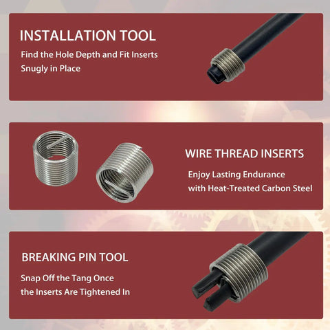 M12x1.25 Thread Repair Kit With Helicoil Inserts Taps And HSS Drill Bits showing installation tool, wire thread inserts, and breaking pin tool