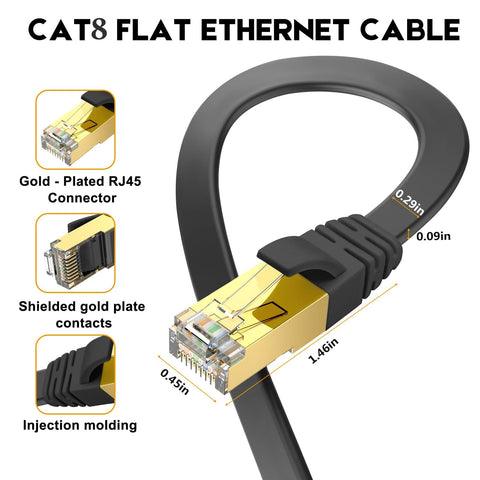 Cat8 Ethernet Cable 30 Ft Ultra Fast Shielded Flat Internet Cable Weatherproof SFTP UV Resistant with gold-plated RJ45 connector.