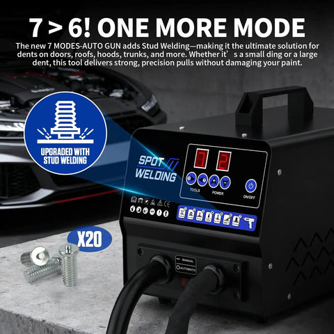 Powerful Auto Body Dent Repair Kit With 4200A Stud Welder, 7 Welding Modes, shown next to car and bolts.