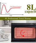 Pro 8L Towel Warmer For Salon And Spa with auto reheat function and 8L capacity, heating towels evenly, shown in a spa setting.