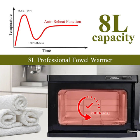 Pro 8L Towel Warmer For Salon And Spa with auto reheat function and 8L capacity, heating towels evenly, shown in a spa setting.