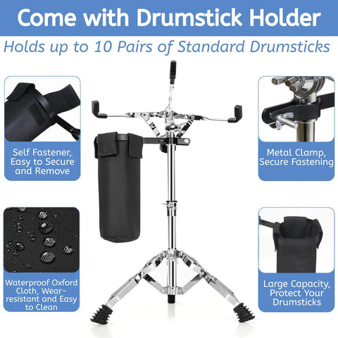 Youeon Heavy Duty Double Braced Snare Drum Stand With Stick Holder Fits 10 14 Inch Kicks Adjustable Height For Beginners And Pros Alike, featuring drumstick holder.