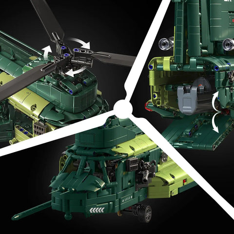 Close-up of Motorized Military Helicopter Building Blocks Kit With 1826 Pieces focusing on rotor and tail details