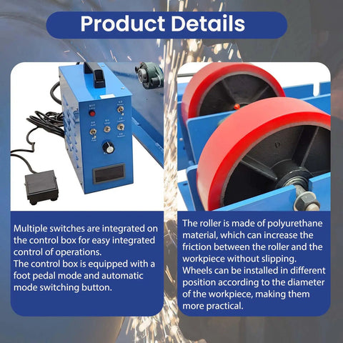 Workhorse Welding Turning Rolls With Linkage Roller 110V Electric Pipe And Tank Positioner Adjustable Diameter From 2 To 59 Inches PU Wheel Support 4400 LB Load Capacity Pro Grade Fabrication Equipment control box and PU rollers