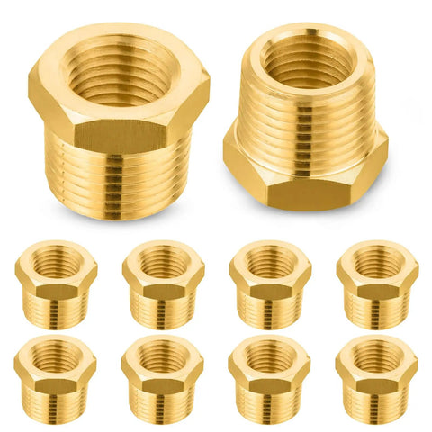10 Pack Brass Reducer Hex Bushing 1/2 Inch Male NPT to 1/4 Inch Female NPT Pipe Fitting Adapter, corrosion resistant