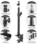 Two Pack Desk Mount Stands For DSLR Cameras And Lights With One Quarter Inch Ball Head And Cold Shoe Adapter Adjustable Twelve Point Nine To Twenty Two Inch Aluminum Tabletop Light Stands features and parts diagram
