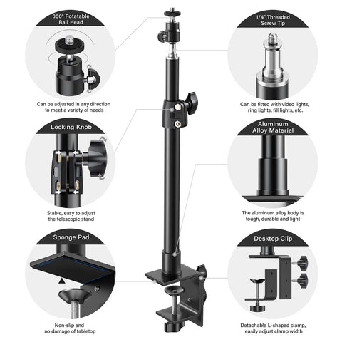 Two Pack Desk Mount Stands For DSLR Cameras And Lights With One Quarter Inch Ball Head And Cold Shoe Adapter Adjustable Twelve Point Nine To Twenty Two Inch Aluminum Tabletop Light Stands features and parts diagram