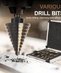 Titanium High Speed Steel Step Drill Bit Set with Five Step Bits and Five Countersink Bits in Aluminum Case for DIY Projects