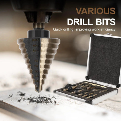 Titanium High Speed Steel Step Drill Bit Set with Five Step Bits and Five Countersink Bits in Aluminum Case for DIY Projects