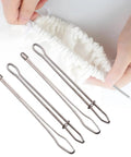 Upgraded DIY Rope Threader Clip Set With Stainless Steel Hooks And Latch For Jackets Coats Pants Hoodies Shorts Sweaters Handy Drawstring Threader Tool 4 Pieces, displaying metal hooks and drawstring threading through fabric.