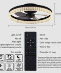 Black bladeless ceiling fan with dimmable LED light and remote control, 19.7 inch, featuring 6 speeds and reversible blades.