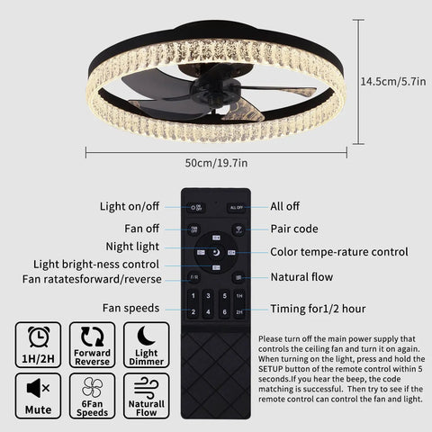 Black bladeless ceiling fan with dimmable LED light and remote control, 19.7 inch, featuring 6 speeds and reversible blades.