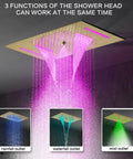 Top Shelf Led Shower System With Built In Bluetooth Speakers And 15X23 Panel Delivers Dope Mist To Heavy Pressure Body Jet Functions Complete With Thermostatic Mixing Valve For That Fresh Bathroom Glow Up - Shower head with three water outlets.