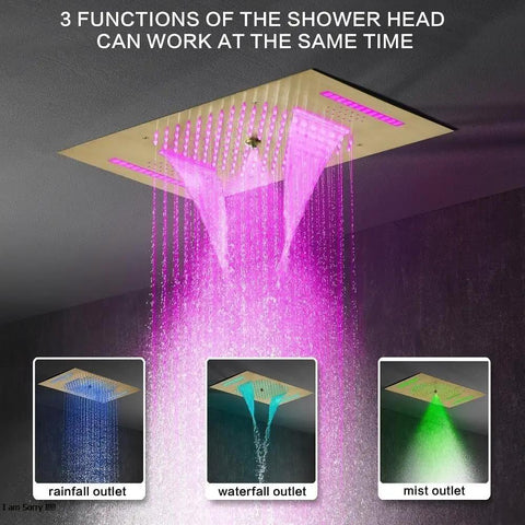 Top Shelf Led Shower System With Built In Bluetooth Speakers And 15X23 Panel Delivers Dope Mist To Heavy Pressure Body Jet Functions Complete With Thermostatic Mixing Valve For That Fresh Bathroom Glow Up - Shower head with three water outlets.