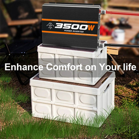 Heavy Duty Road Ready 3500W Power Inverter For Cars Trucks Rvs And Solar Rigs DC To AC Converter installed on storage boxes outdoors.