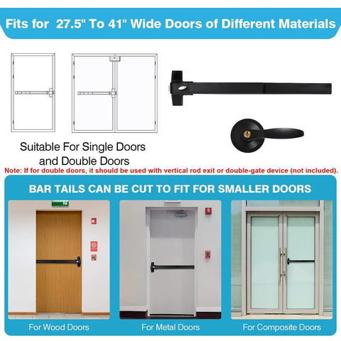 Black Panic Bar Exit Device 27.5 Inch With Exterior Lever suitable for wood, metal, and composite doors, shown in various installations.