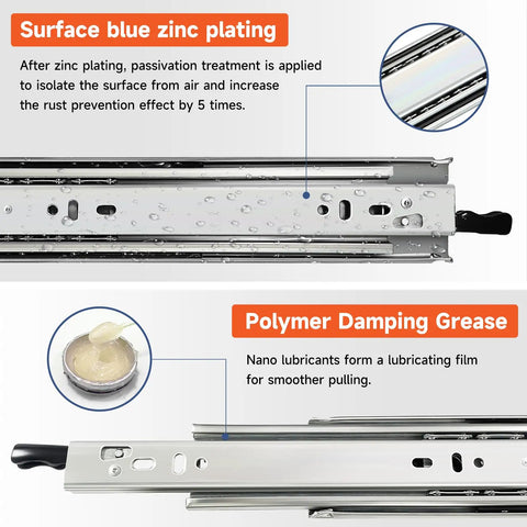 Heavy Duty Locking Drawer Slides Built Tough With Rock Solid Full Extension Ball Bearing Track One Pair Side Mount Storage Rails For Shops And Rv Campers 12 Inch Slide with blue zinc plating and polymer damping grease.