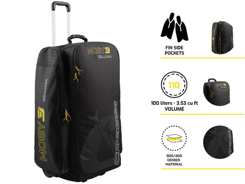 Moby 3 100L Large Capacity Roller Luggage Bag With Backpack Straps For Easy Travel Access 3 Sided Opening And Dual Side Fin Pockets