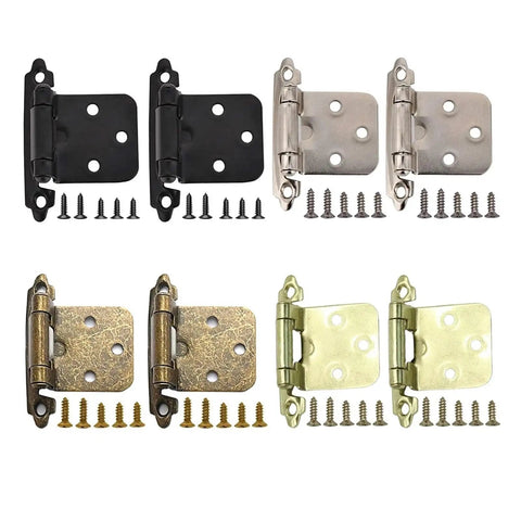 Various colors of Two Pack Cupboard Door Flush Hinges with screws for overlay cabinets, smooth soft close operation, durable steel
