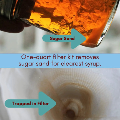 Maple Syrup Filter Set For Home Sugaring, 1 Qt Three Piece Kit showing removal of sugar sand and filter trapping debris, Made In USA.
