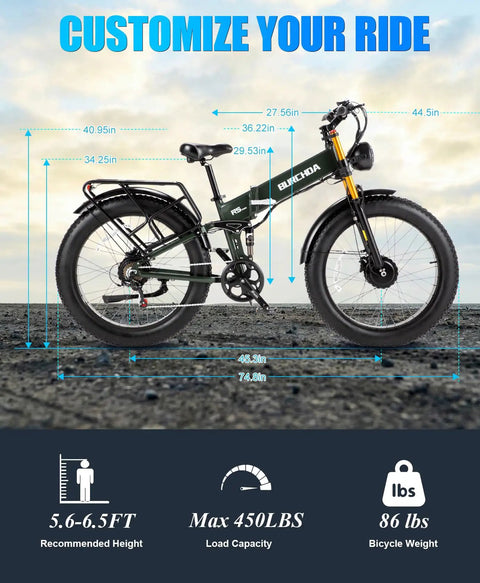 Badass Dual Motor Electric Bike For Adults Built Tough For Everyday Cruisin With 3000W Peak Power And A Heavy Duty 48V 30Ah Battery Dishin Out A Solid 90 Mile Range At 32 Mph On 26 Inch Fat Tires Full Suspension Gear dimensions and specifications