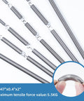 Front view: six 304 stainless steel extension springs with hook ends; 0.047 in wire, 0.4 in coil dia, 2 in length