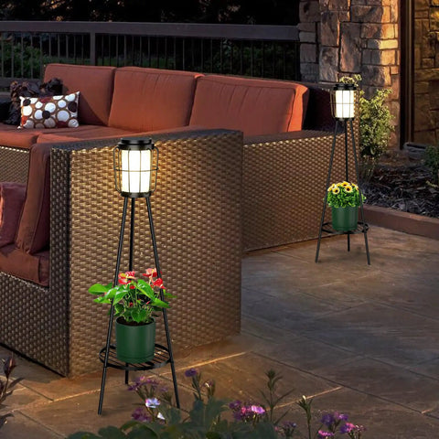 Dope Solar Outdoor Floor Lamp With Plant Stand 2 Pack Waterproof Metal Garden Lights on patio with flowers