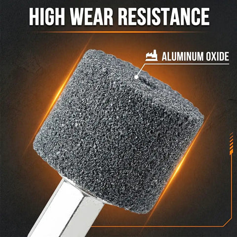 Close-up of a cylindrical aluminum oxide mounted grinding stone with 1/4 inch hex shank, part of a 4-piece set for die grinders and drills.