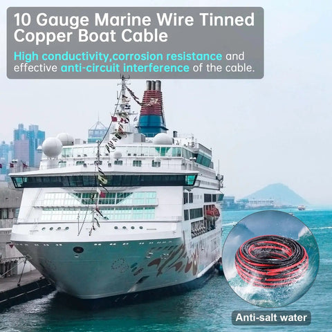Beefy 10 Gauge Wire 50 Ft Black And 50 Ft Red Tinned Copper 2 Conductor Electrical Cable for marine use with cruise ship docked.