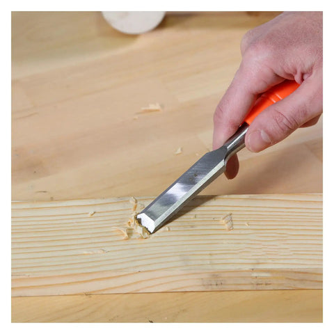 Economy 3 Piece Wood Chisel Set With One Half Inch Three Quarter Inch And One Inch Hardened Blades in use on wood surface