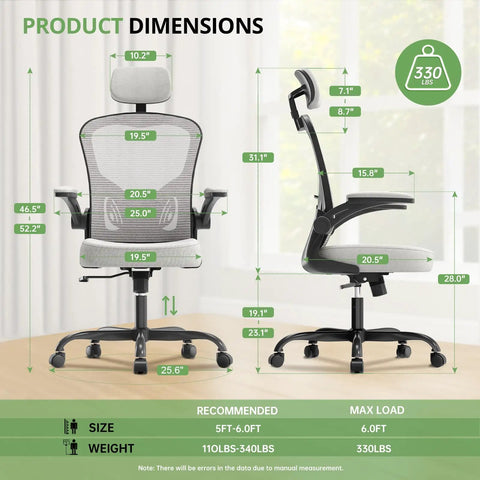 Ergonomic Office Chair For Long Hours Boss Level Comfort High Back Desk Chair With Adjustable Headrest And Lumbar Support Flip Up Armrests Rolling Swivel Task Chair 330 Lbs Capacity Ideal For Home Office Black And Gray with dimensions highlighted