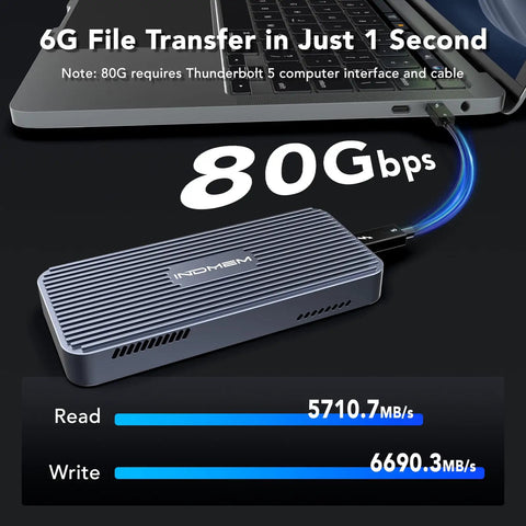 Kick Butt M2 Nvme Ssd Enclosure With 80Gbps Transfer Speed and quiet cooling fan connected to a laptop, showcasing file transfer speed.