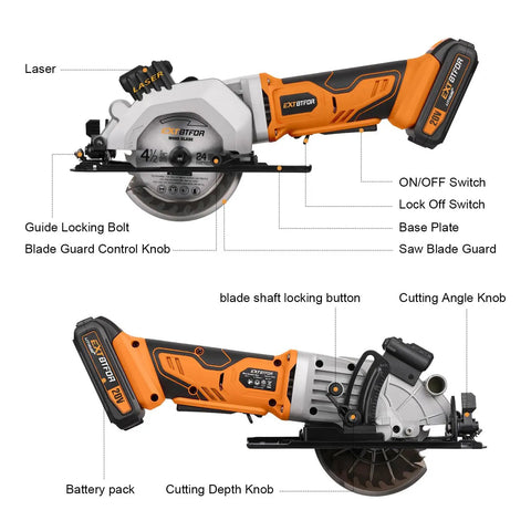 Hot Rodded Cordless Circular Saw With Laser Guide For Spot On Cuts Every Single Day features laser and controls for precise cutting.