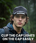 Man wearing a hat with 12 Pack Hat Clip Light With 11 LED Cap Lights Clip On Hat Up To 400 Lumens IPX5 Waterproof Hands Free Flashlight